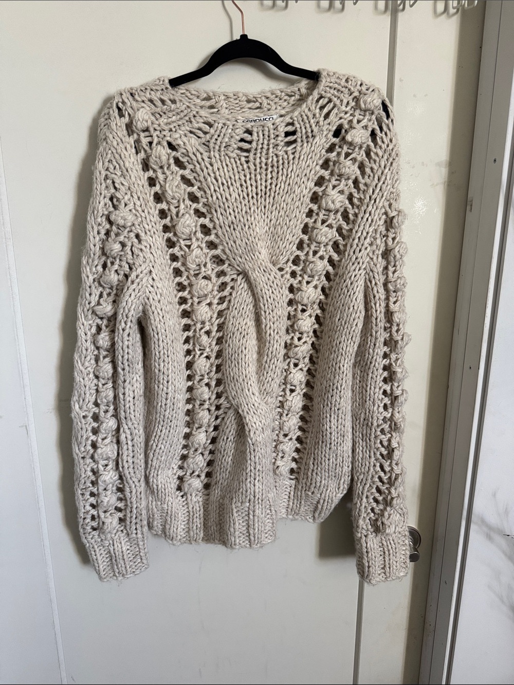 Carducci Hand-Knit Open Cable Crewneck Alpaca Wool Blend Sweater L